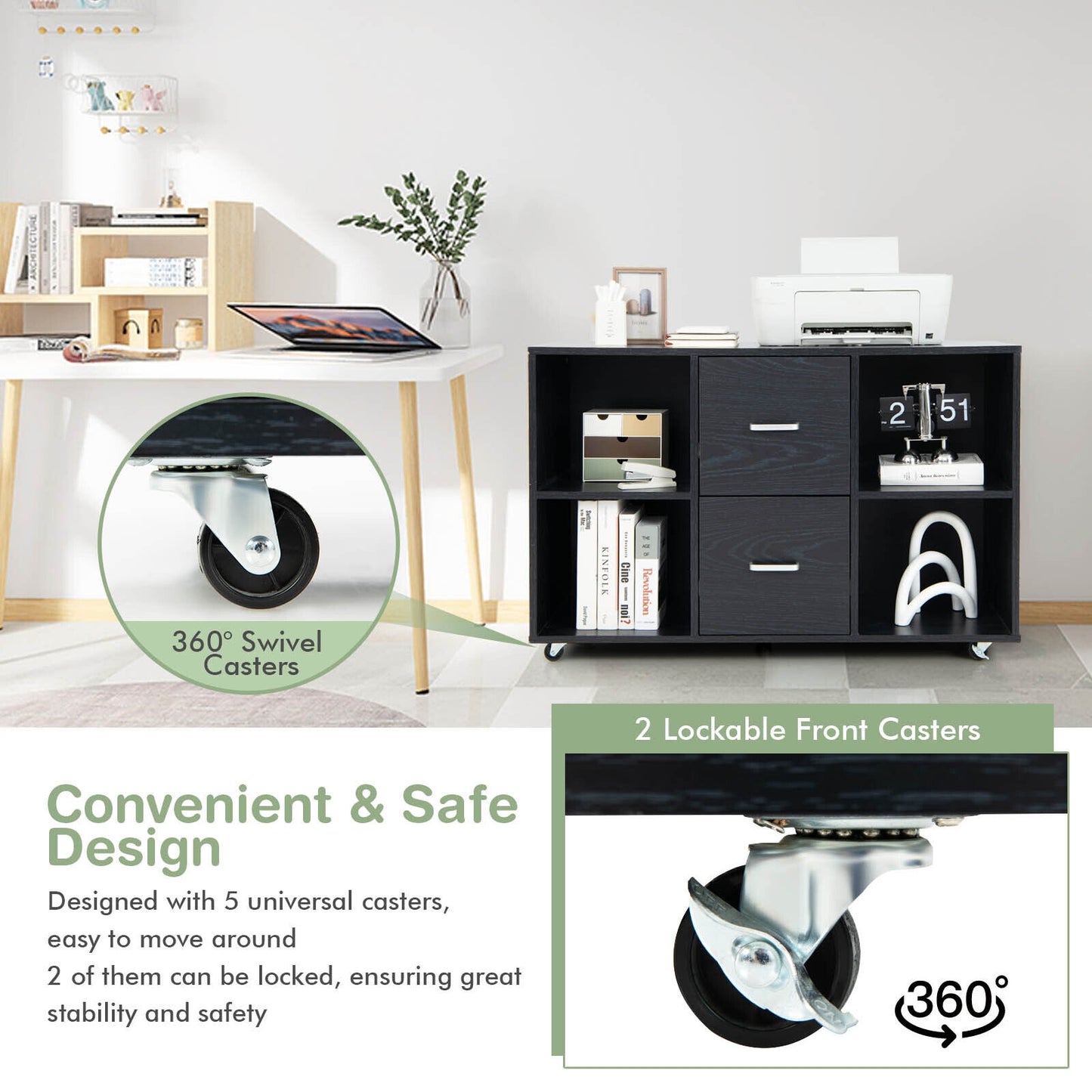 2 Drawer Wood Mobile File Cabinet with 4 Open Compartments-Black Kids Crystal