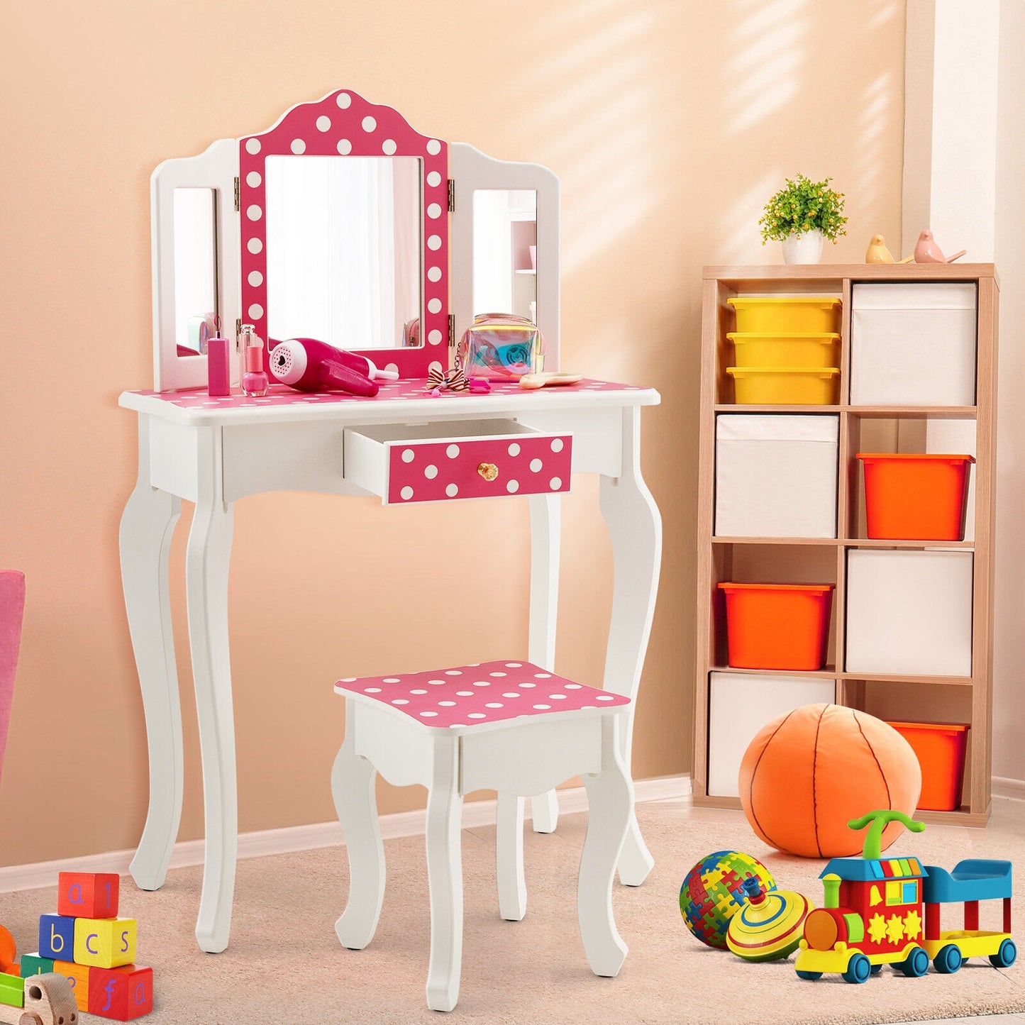 Kids Vanity Table and Stool Set with Cute Polka Dot Print-Pink Kids Crystal