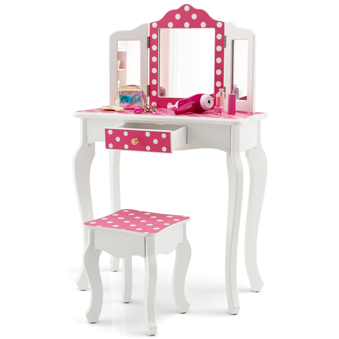 Kids Vanity Table and Stool Set with Cute Polka Dot Print-Pink Kids Crystal