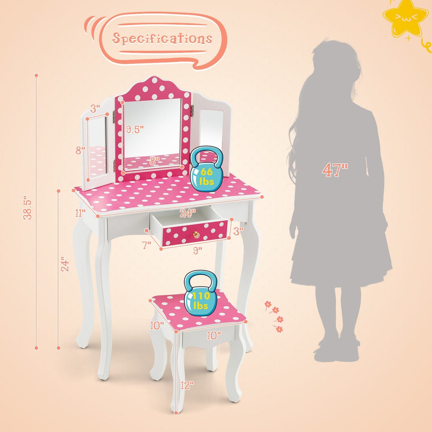 Kids Vanity Table and Stool Set with Cute Polka Dot Print-Pink Kids Crystal