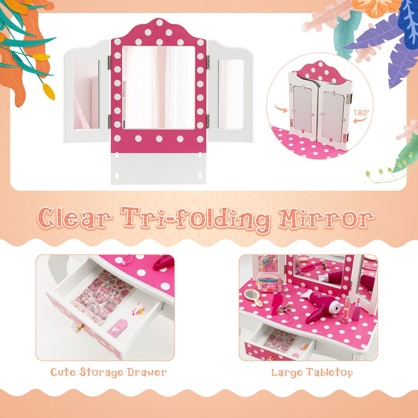 Kids Vanity Table and Stool Set with Cute Polka Dot Print-Pink Kids Crystal