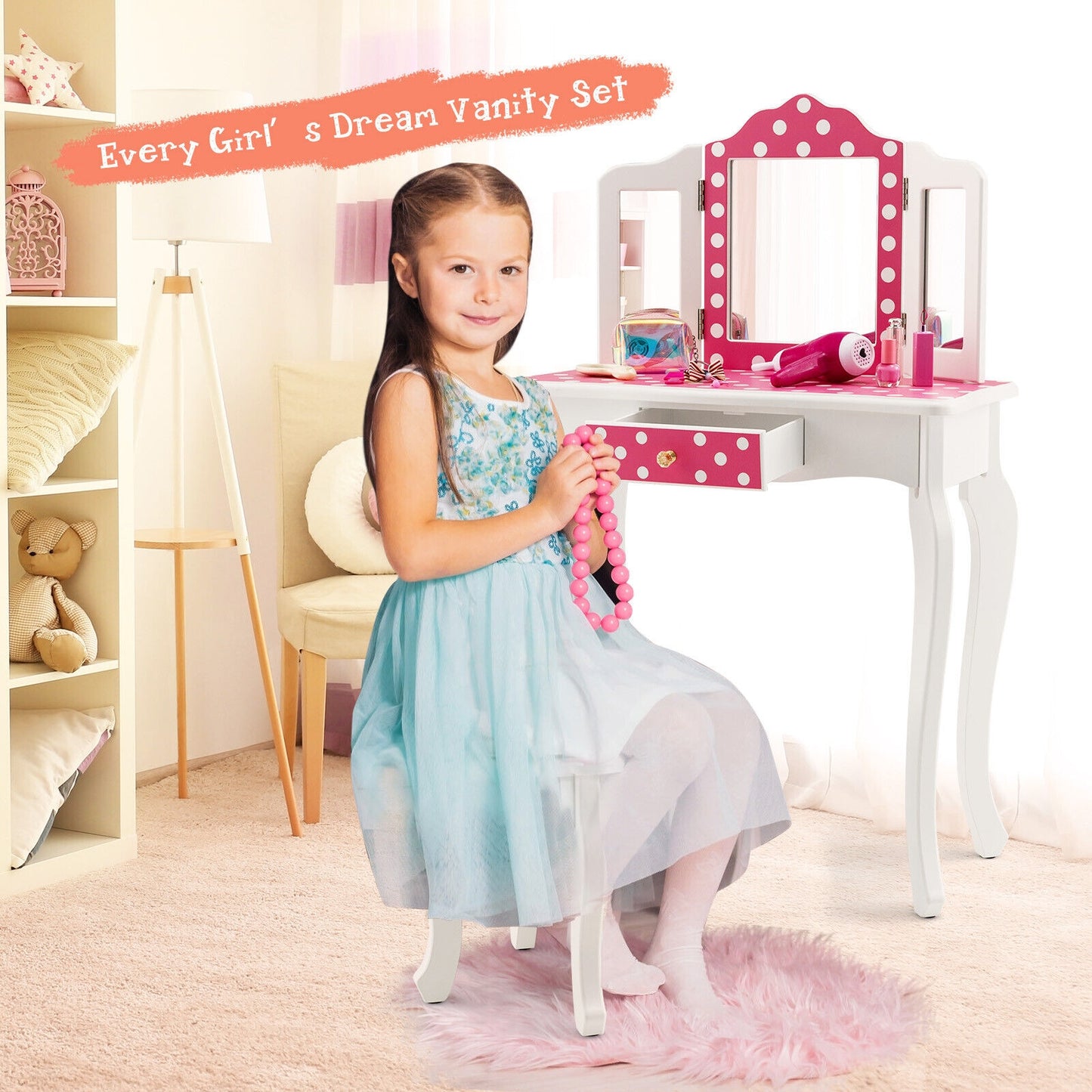 Kids Vanity Table and Stool Set with Cute Polka Dot Print-Pink Kids Crystal