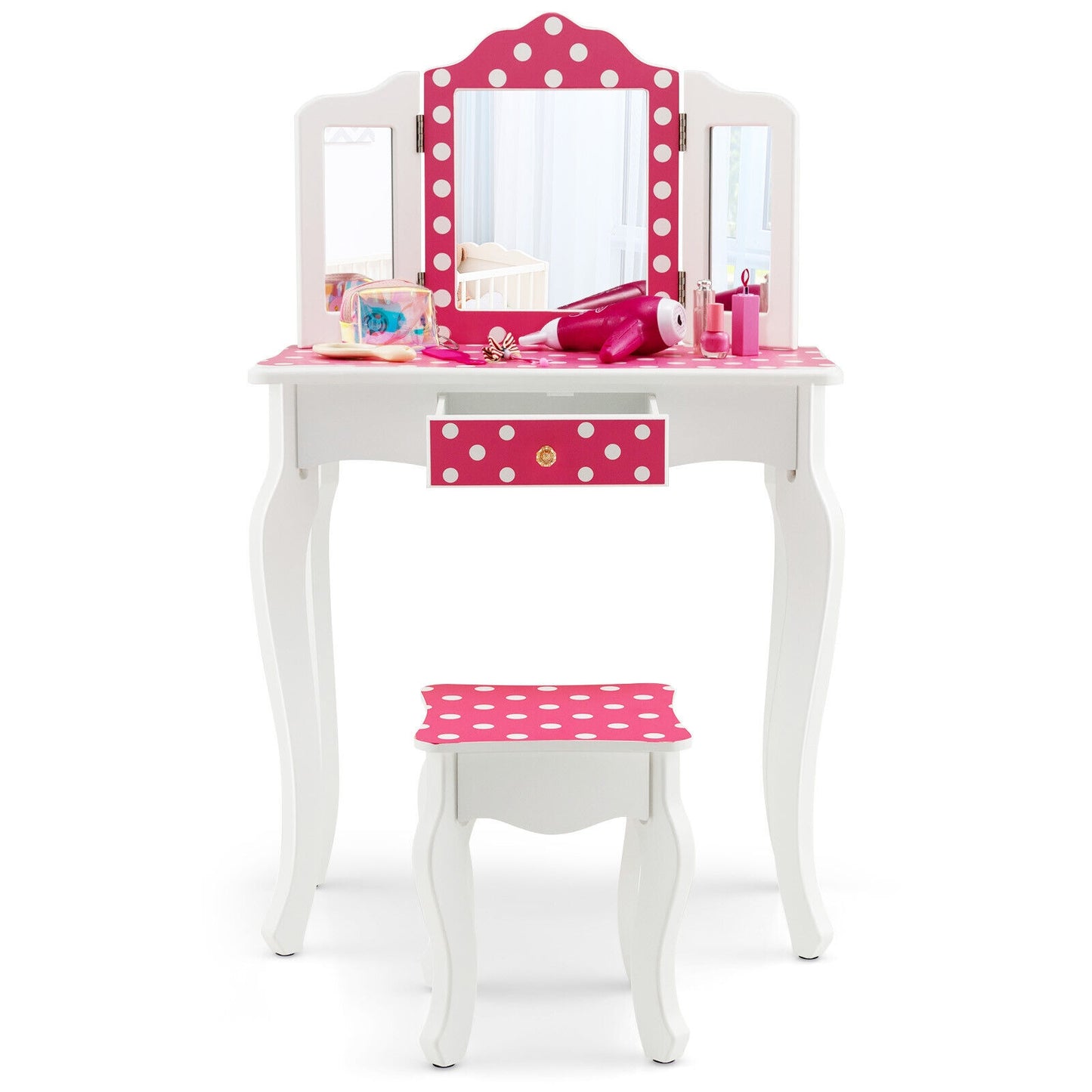 Kids Vanity Table and Stool Set with Cute Polka Dot Print-Pink Kids Crystal