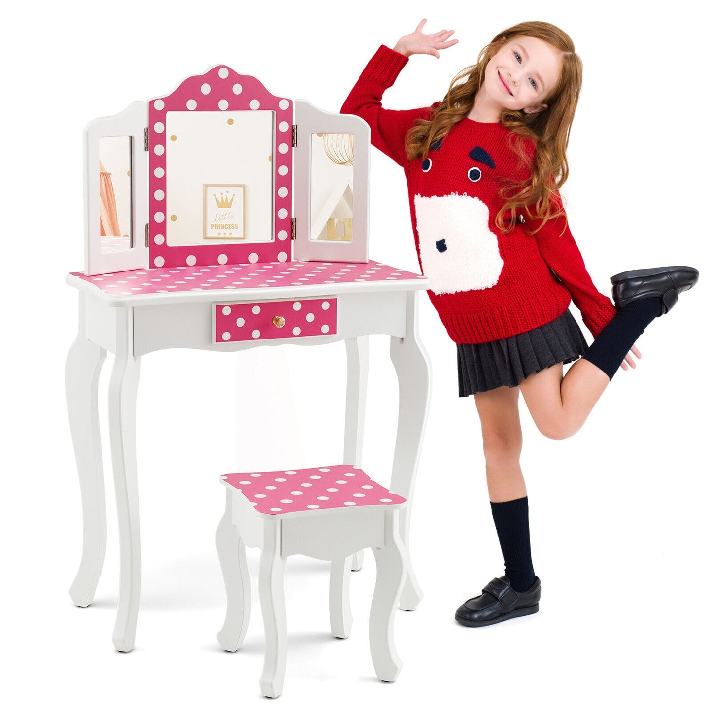 Kids Vanity Table and Stool Set with Cute Polka Dot Print-Pink Kids Crystal