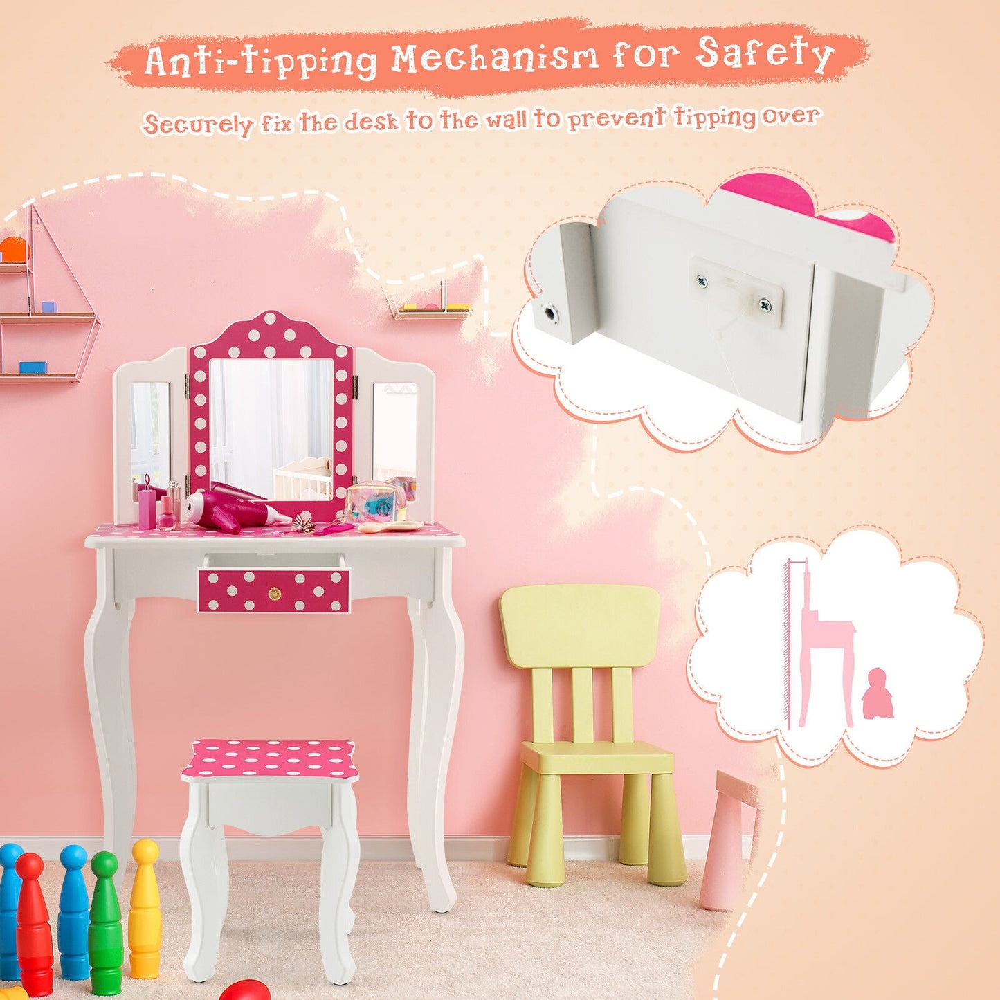 Kids Vanity Table and Stool Set with Cute Polka Dot Print-Pink Kids Crystal