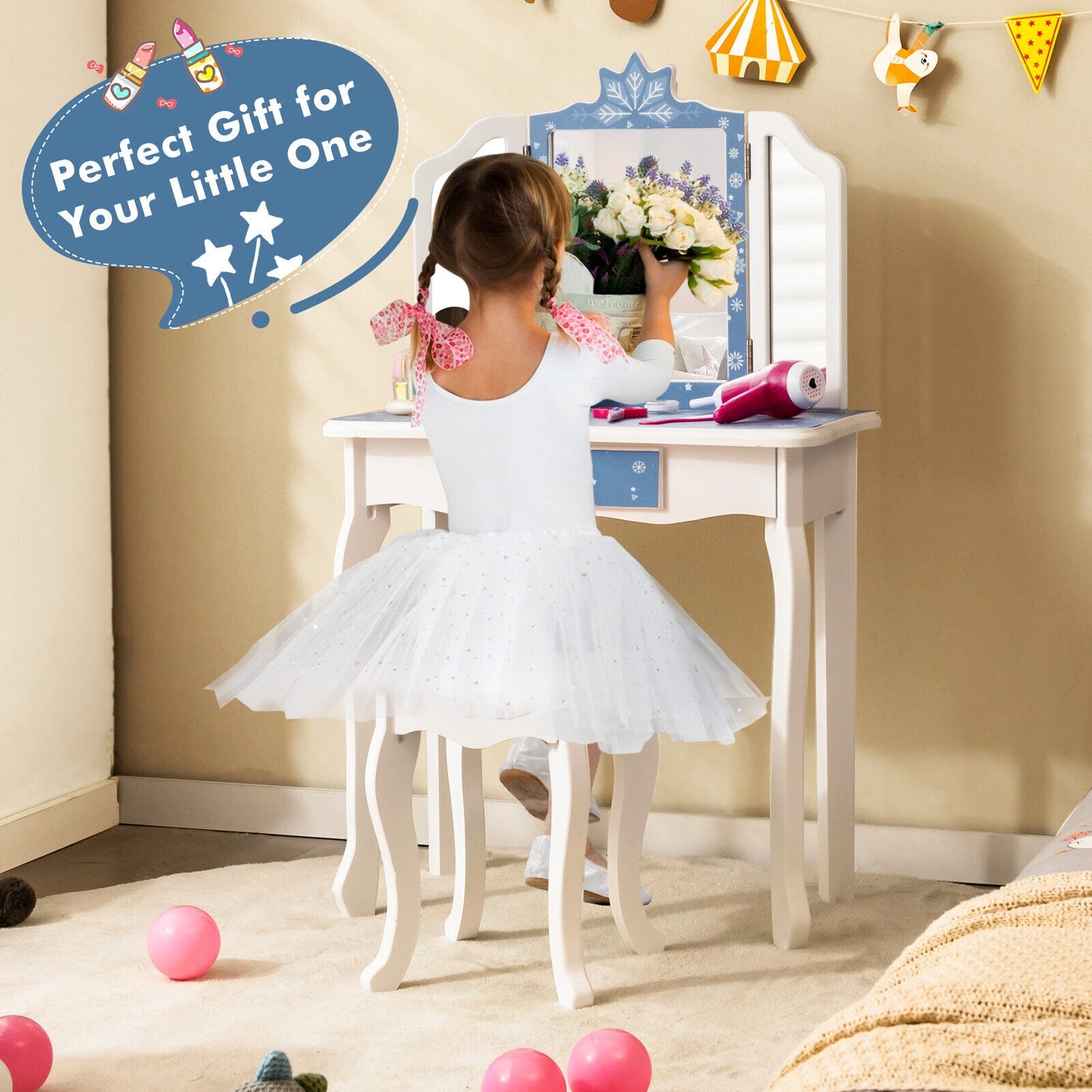Princess Vanity Table and Chair Set with Tri-Folding Mirror and Snowflake Print-Blue Kids Crystal