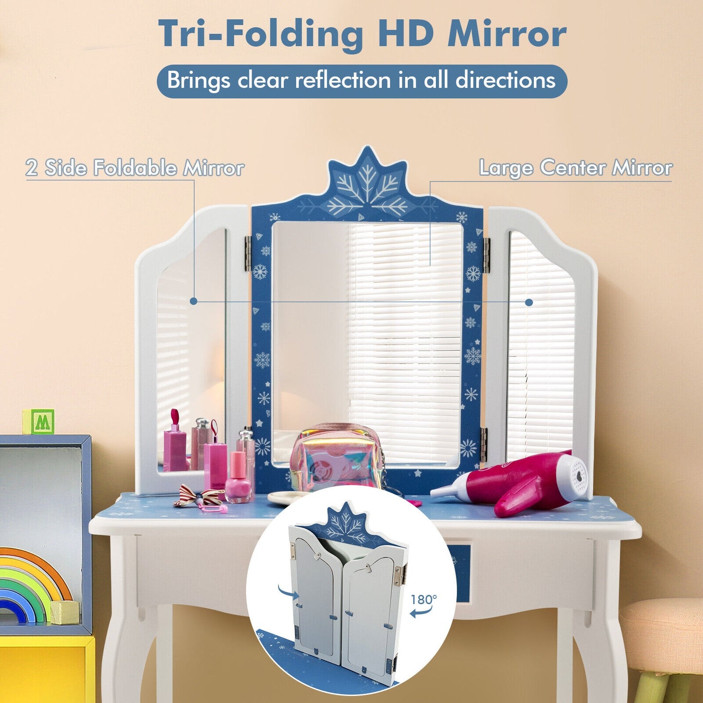 Princess Vanity Table and Chair Set with Tri-Folding Mirror and Snowflake Print-Blue Kids Crystal
