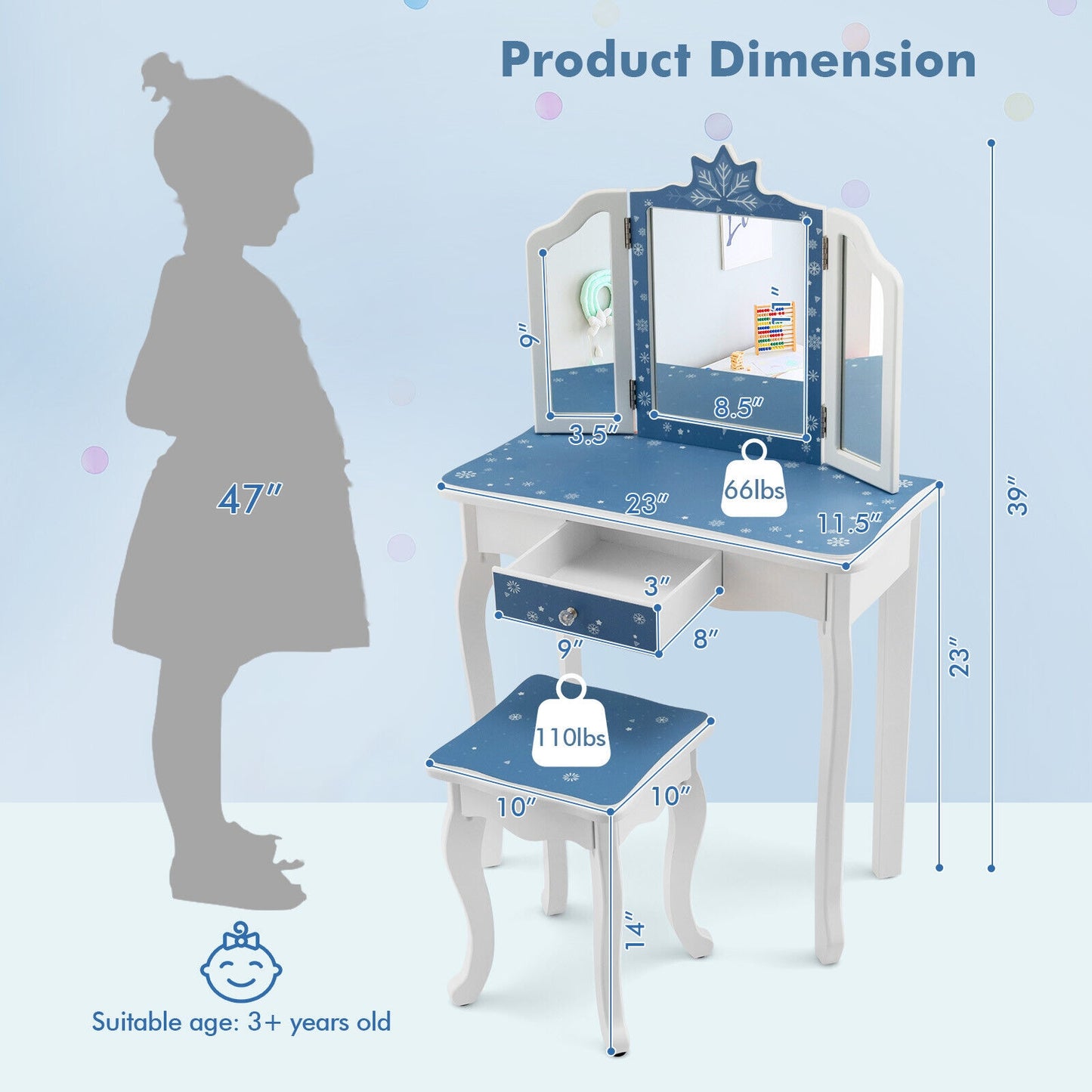 Princess Vanity Table and Chair Set with Tri-Folding Mirror and Snowflake Print-Blue Kids Crystal