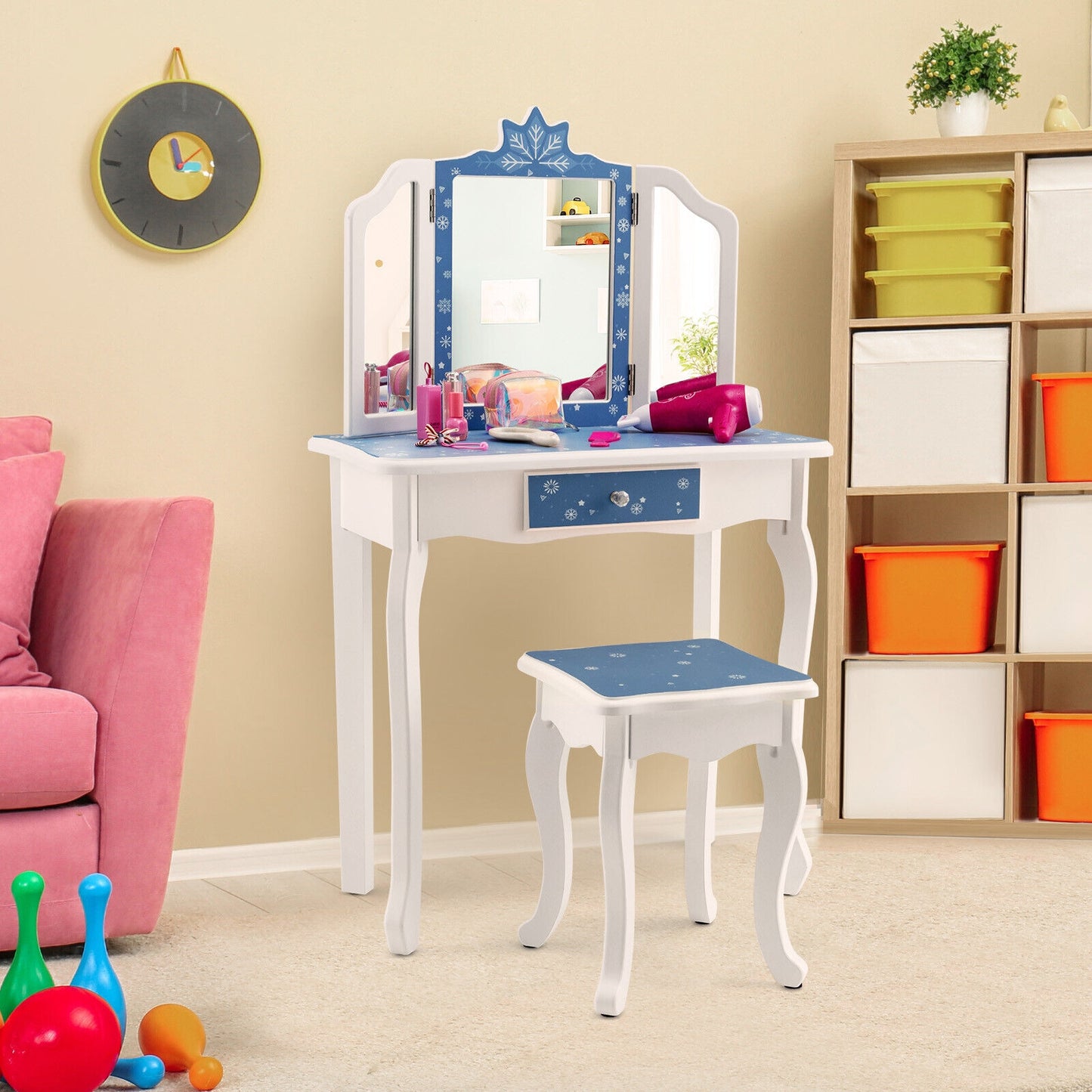 Princess Vanity Table and Chair Set with Tri-Folding Mirror and Snowflake Print-Blue Kids Crystal