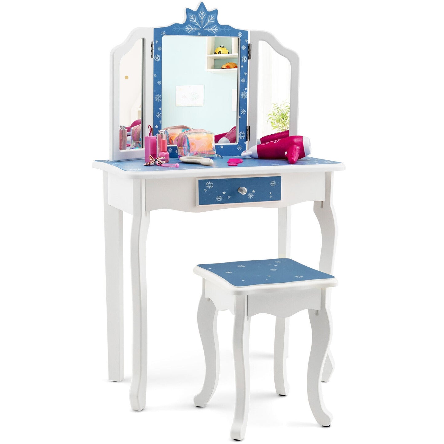 Princess Vanity Table and Chair Set with Tri-Folding Mirror and Snowflake Print-Blue Kids Crystal