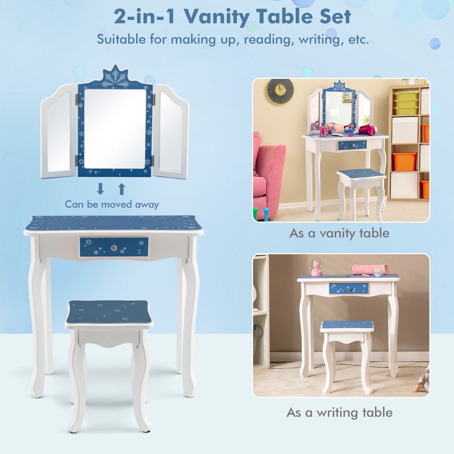 Princess Vanity Table and Chair Set with Tri-Folding Mirror and Snowflake Print-Blue Kids Crystal