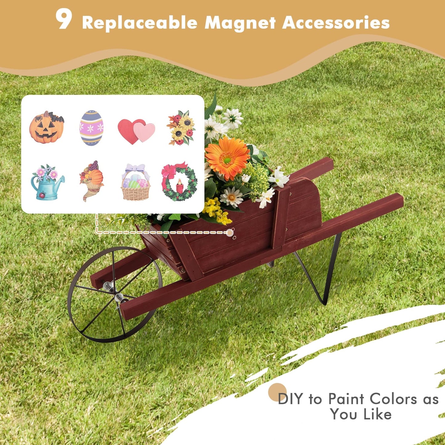 Wooden Wagon Planter with 9 Magnetic Accessories for Garden Yard-Red Kids Crystal