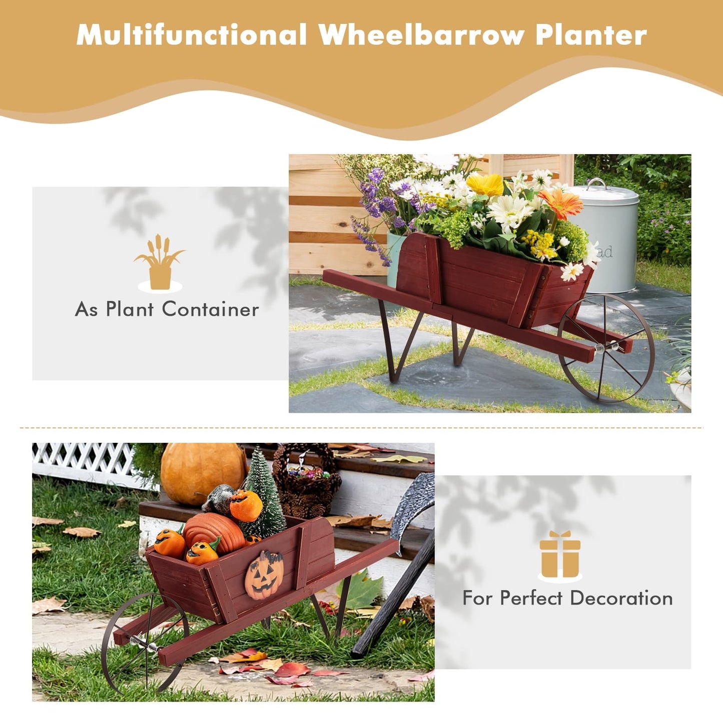 Wooden Wagon Planter with 9 Magnetic Accessories for Garden Yard-Red Kids Crystal
