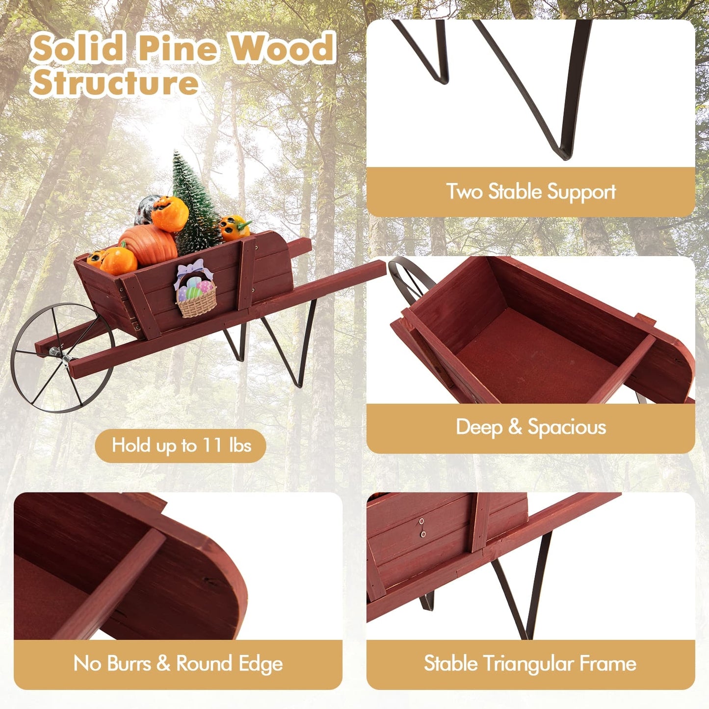 Wooden Wagon Planter with 9 Magnetic Accessories for Garden Yard-Red Kids Crystal