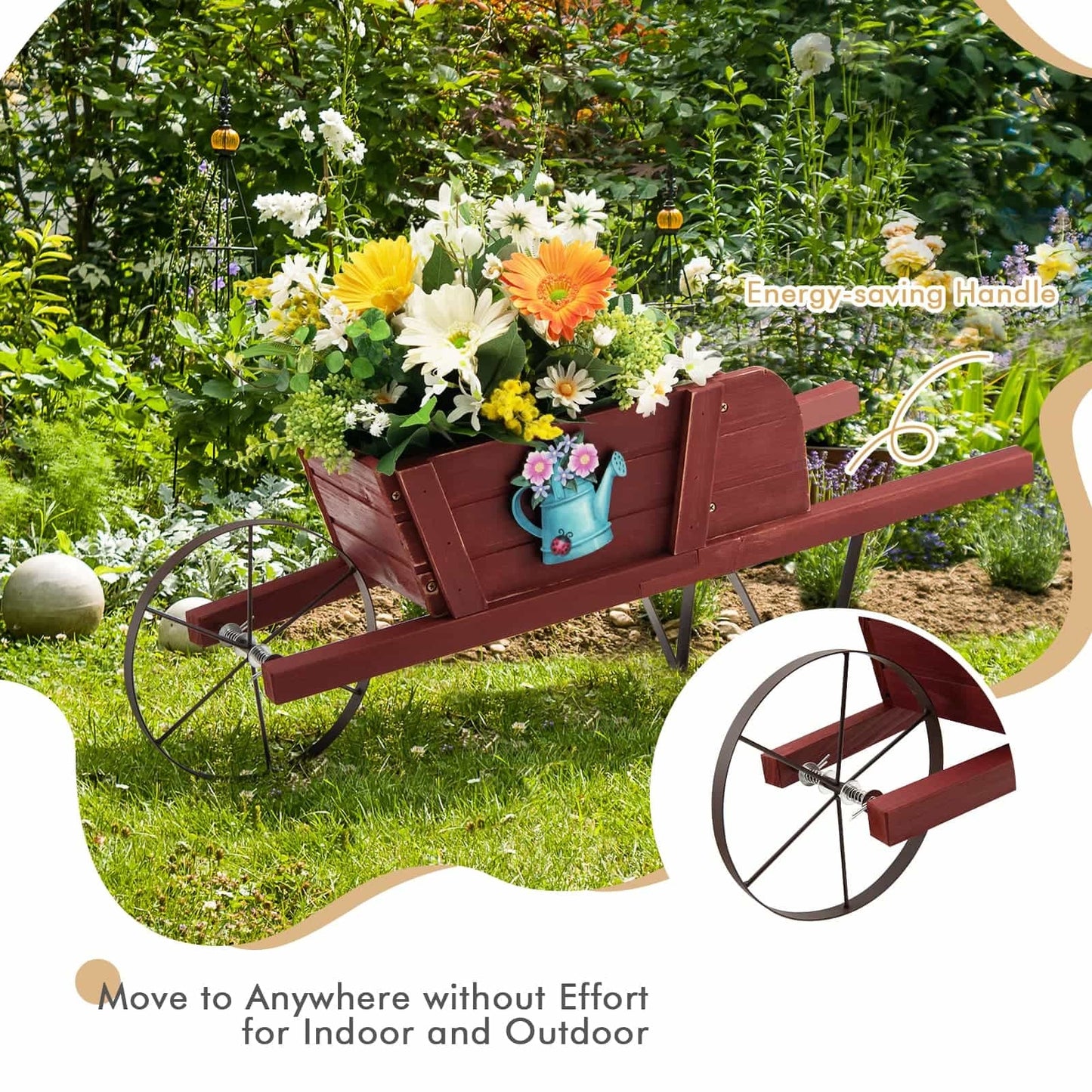 Wooden Wagon Planter with 9 Magnetic Accessories for Garden Yard-Red Kids Crystal