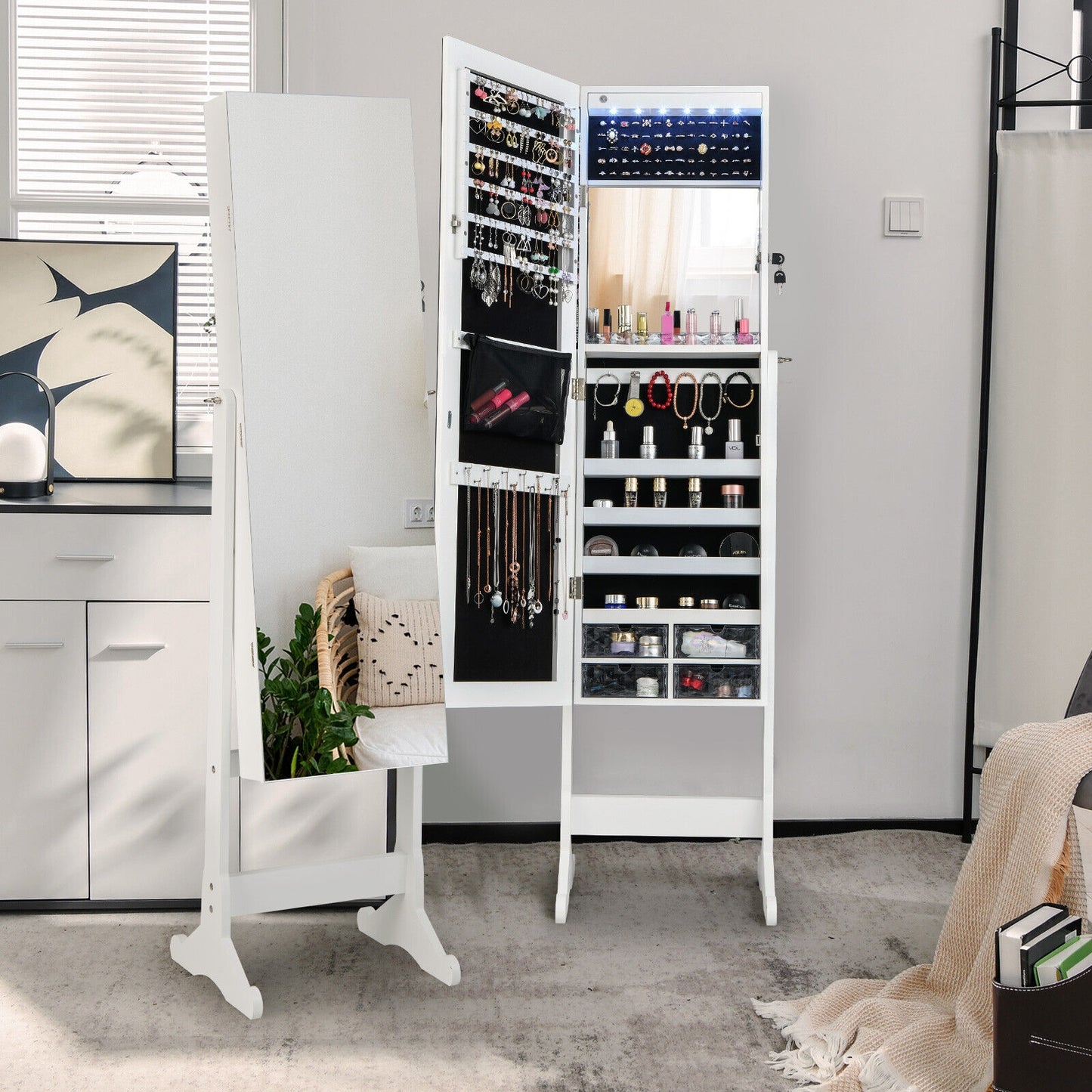 Free Standing Full Length Jewelry Armoire with Lights-White Kids Crystal