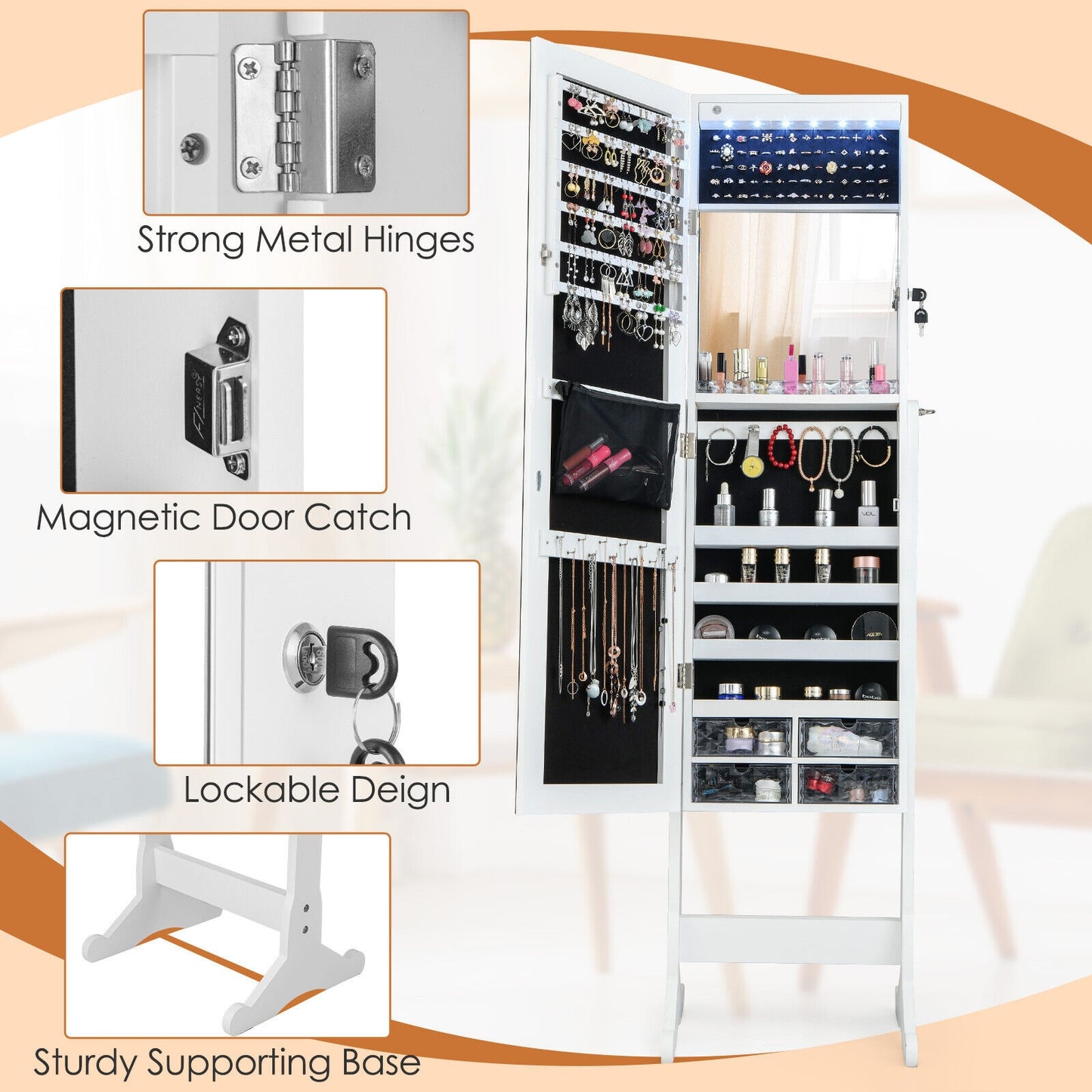 Free Standing Full Length Jewelry Armoire with Lights-White Kids Crystal