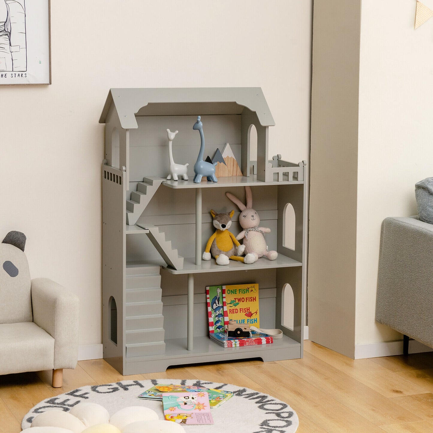 Kids Wooden Dollhouse Bookshelf with Anti-Tip Design and Storage Space-Gray Kids Crystal