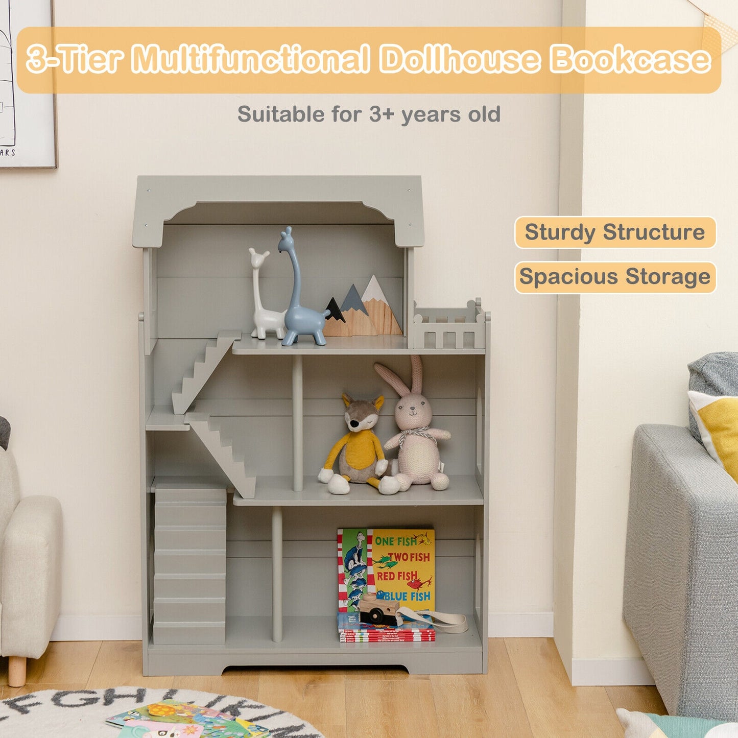 Kids Wooden Dollhouse Bookshelf with Anti-Tip Design and Storage Space-Gray Kids Crystal