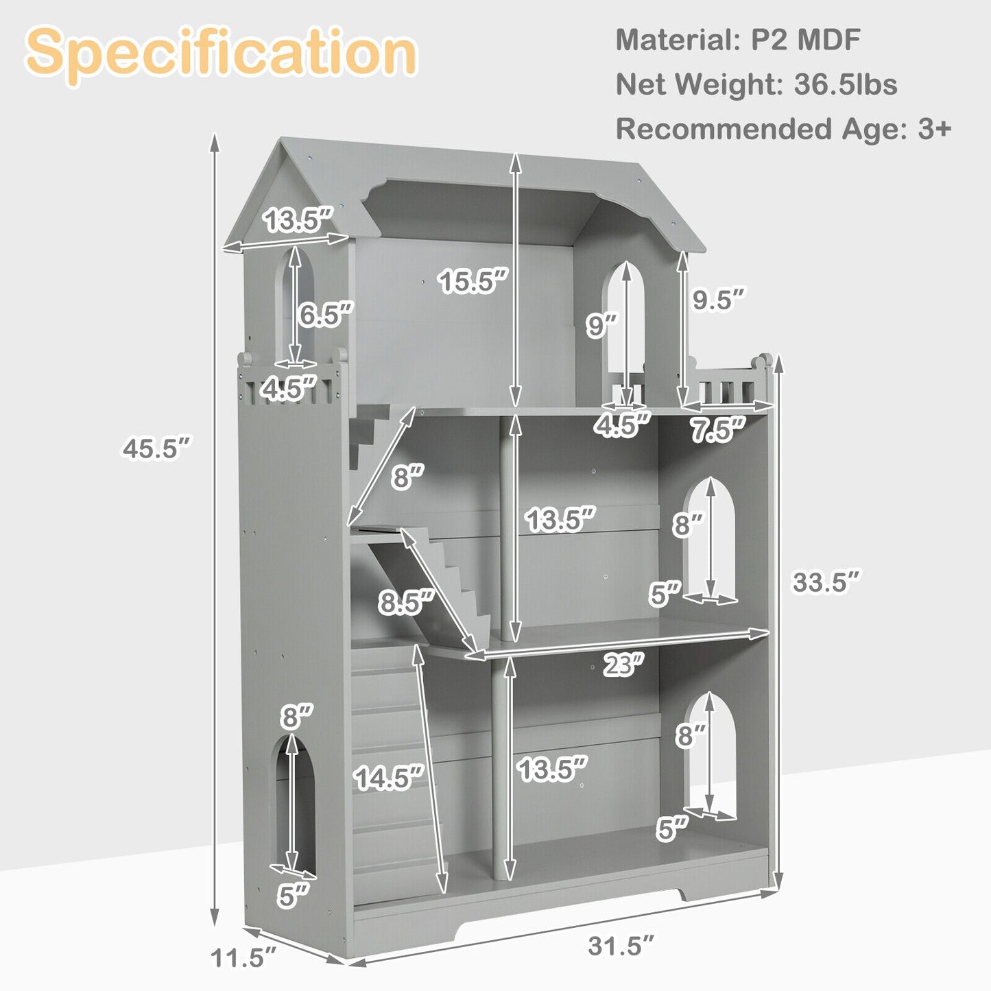 Kids Wooden Dollhouse Bookshelf with Anti-Tip Design and Storage Space-Gray Kids Crystal