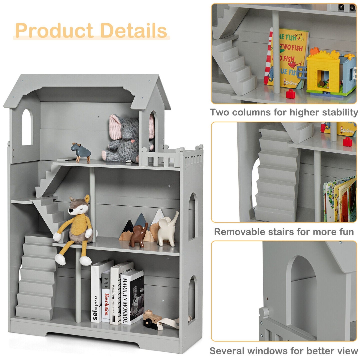 Kids Wooden Dollhouse Bookshelf with Anti-Tip Design and Storage Space-Gray Kids Crystal
