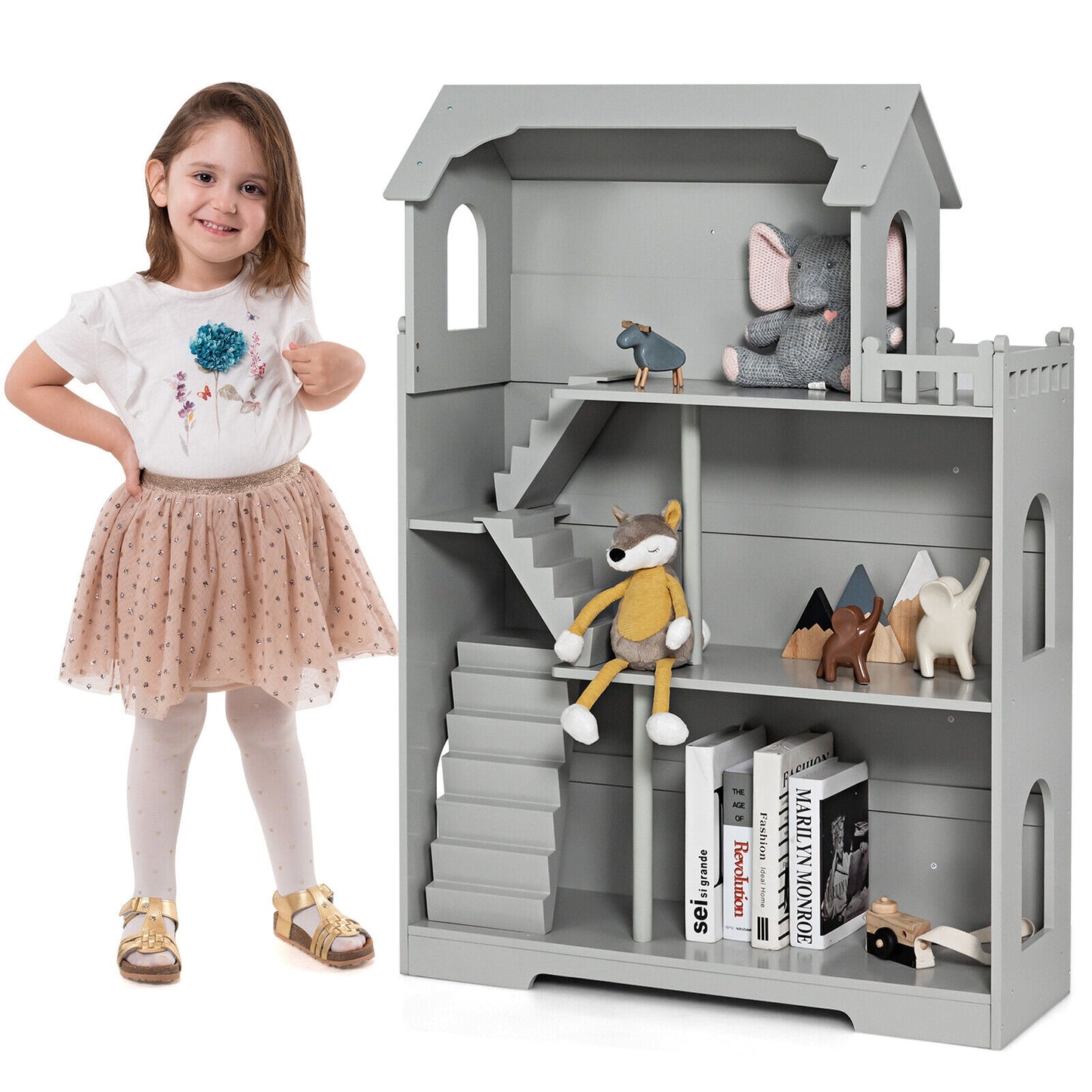Kids Wooden Dollhouse Bookshelf with Anti-Tip Design and Storage Space-Gray Kids Crystal
