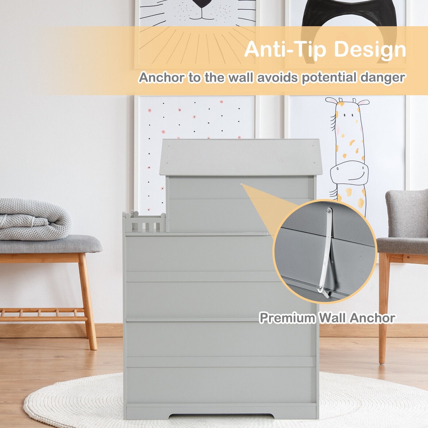 Kids Wooden Dollhouse Bookshelf with Anti-Tip Design and Storage Space-Gray Kids Crystal