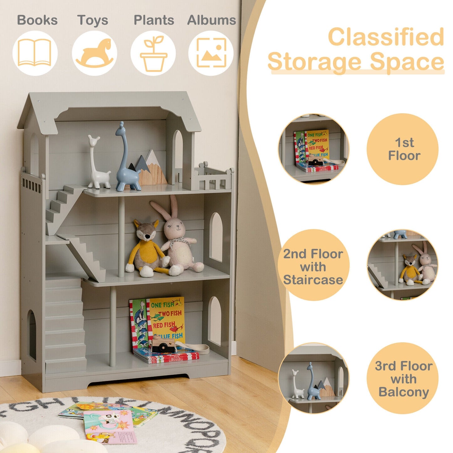 Kids Wooden Dollhouse Bookshelf with Anti-Tip Design and Storage Space-Gray Kids Crystal
