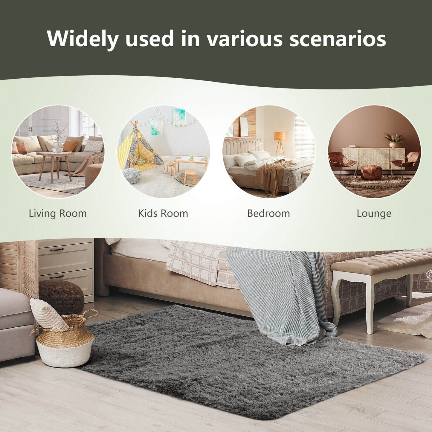 5 x 7 Feet Modern Rectangular Soft Shag Area Rug for Living Room Bedroom-Gray Kids Crystal