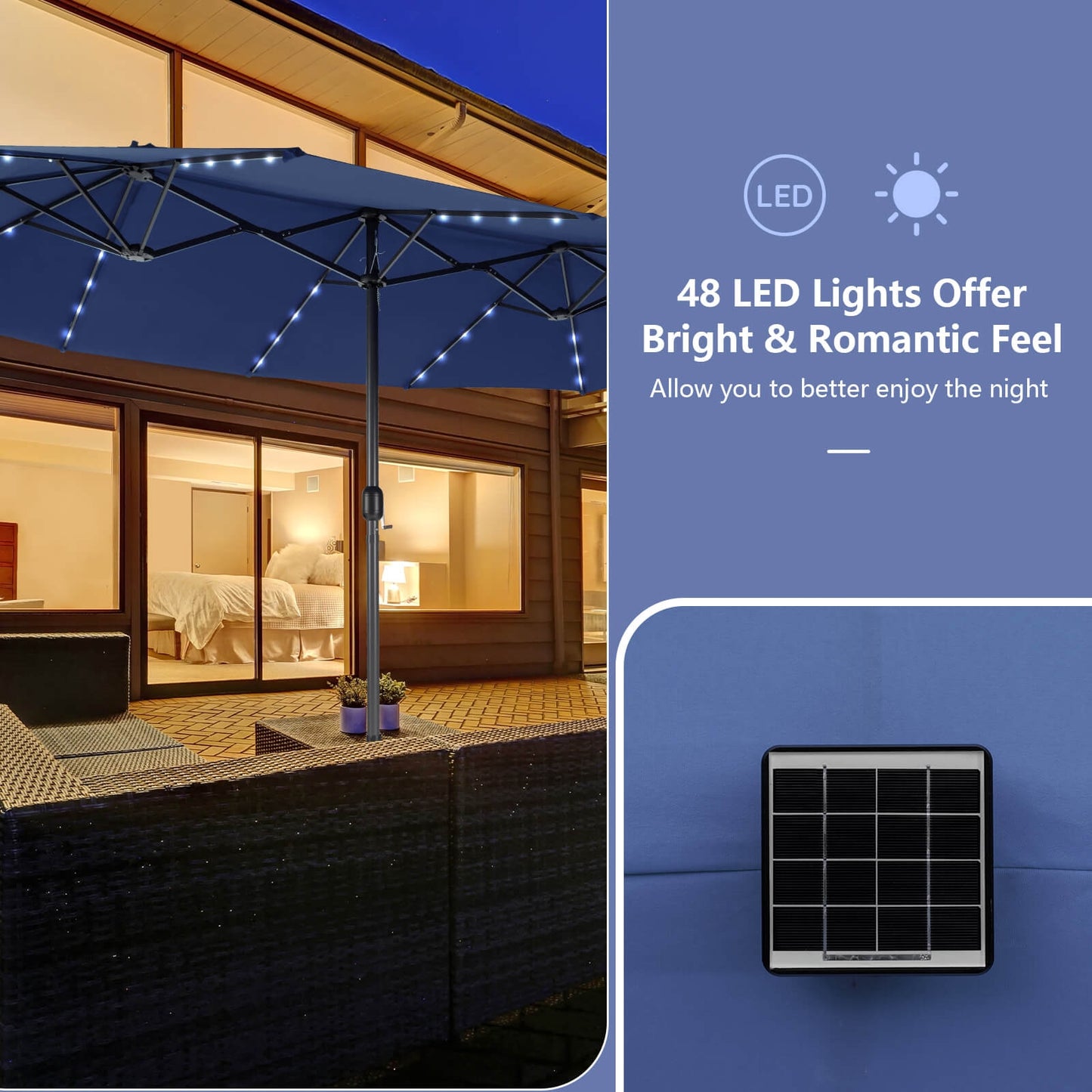 15 Feet Double-Sided Patio Umbrella with 48 LED Lights-Navy Kids Crystal