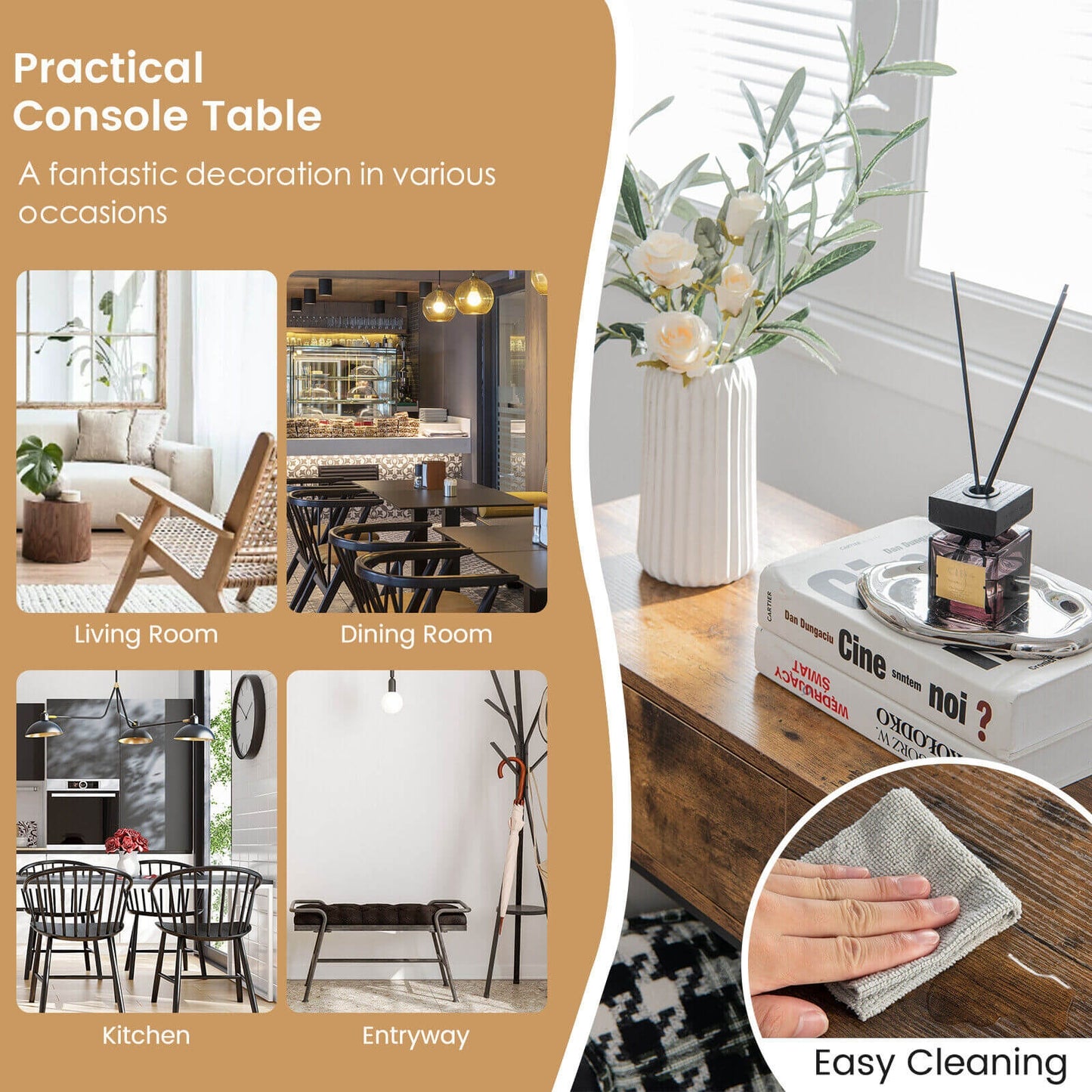 2 Drawers Industrial Console Table with Steel Frame for Small Space-Rustic Brown Kids Crystal