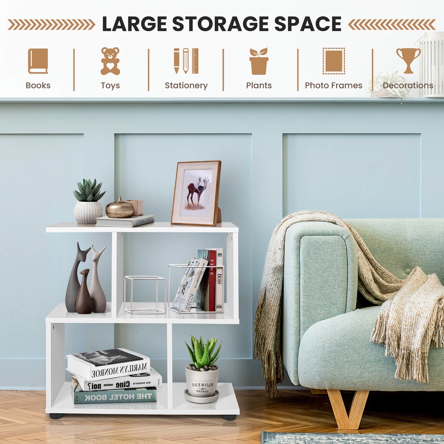 24 Inch 3-Tier Geometric Bookshelf with Thick Foot Pads-White Kids Crystal