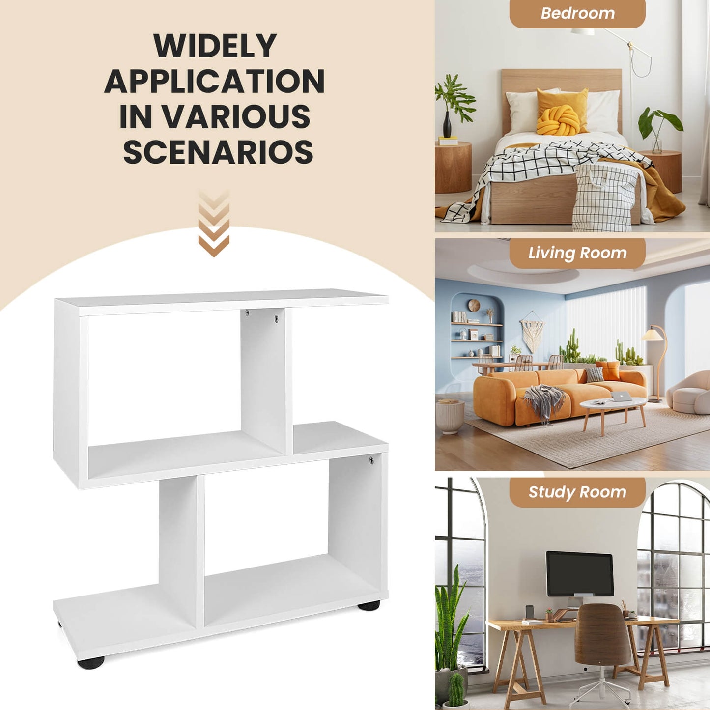 24 Inch 3-Tier Geometric Bookshelf with Thick Foot Pads-White Kids Crystal