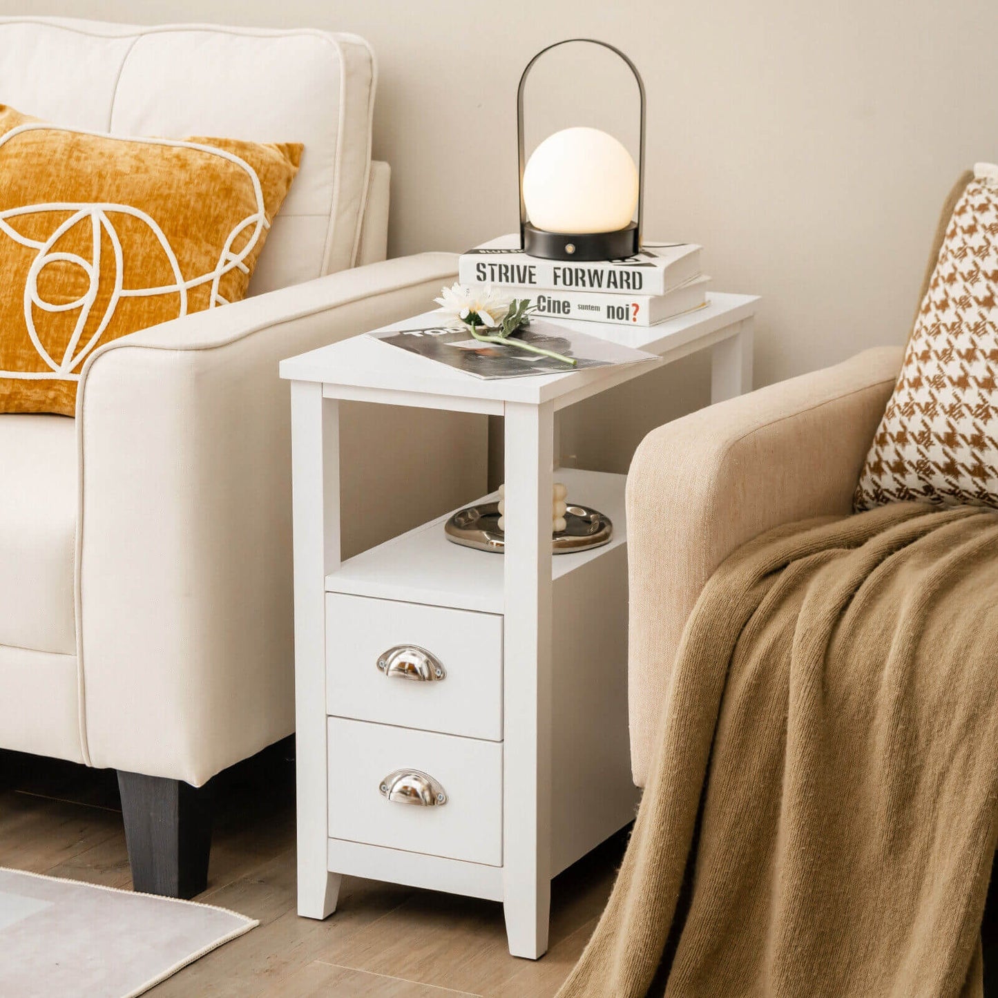 End Table Wooden with 2 Drawers and Shelf Bedside Table-White Kids Crystal