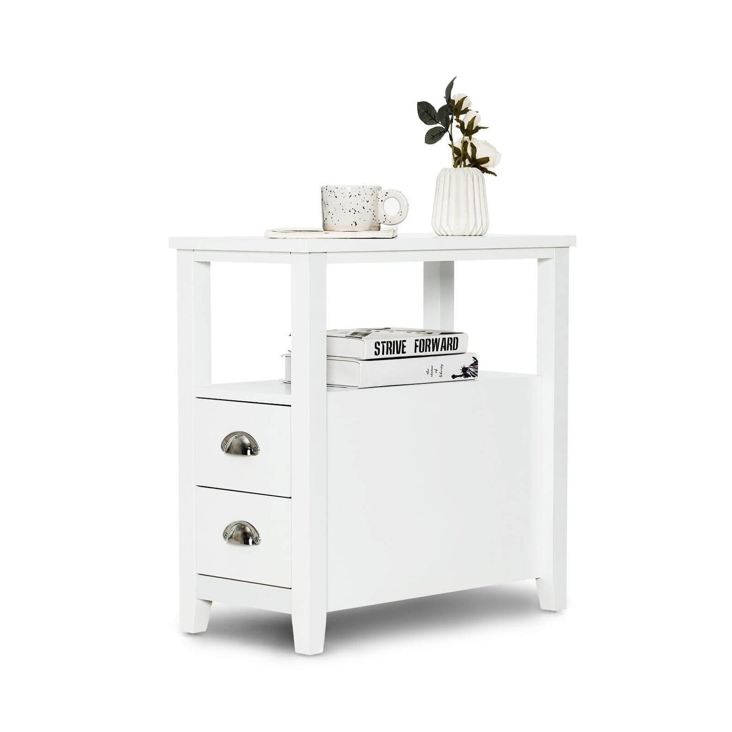 End Table Wooden with 2 Drawers and Shelf Bedside Table-White Kids Crystal