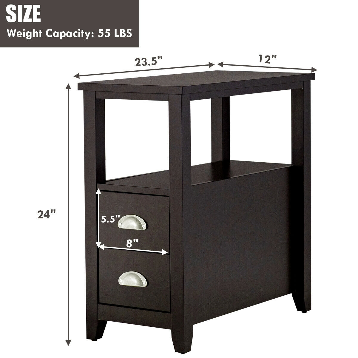 End Table Wooden with 2 Drawers and Shelf Bedside Table-Dark Brown Kids Crystal