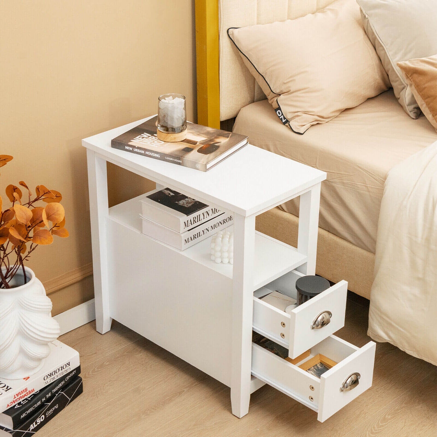End Table Wooden with 2 Drawers and Shelf Bedside Table-White Kids Crystal