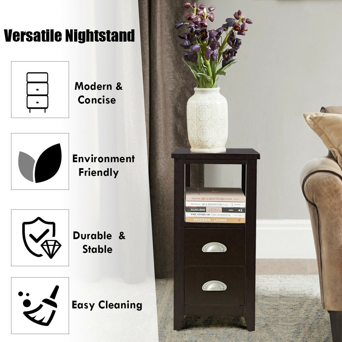 End Table Wooden with 2 Drawers and Shelf Bedside Table-Dark Brown Kids Crystal