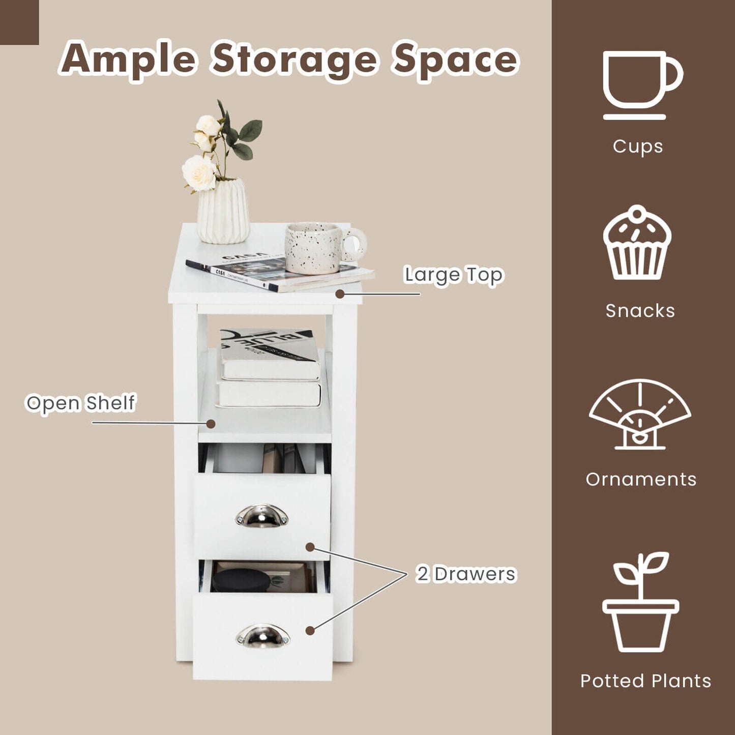 End Table Wooden with 2 Drawers and Shelf Bedside Table-White Kids Crystal