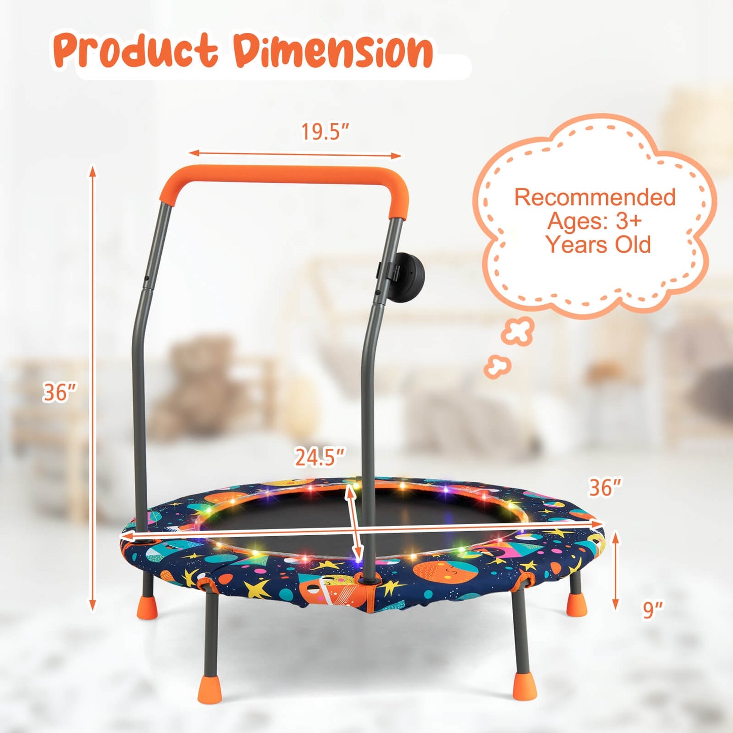 36 Inch Mini Trampoline with Colorful LED Lights and Bluetooth Speaker-Multicolor Kids Crystal