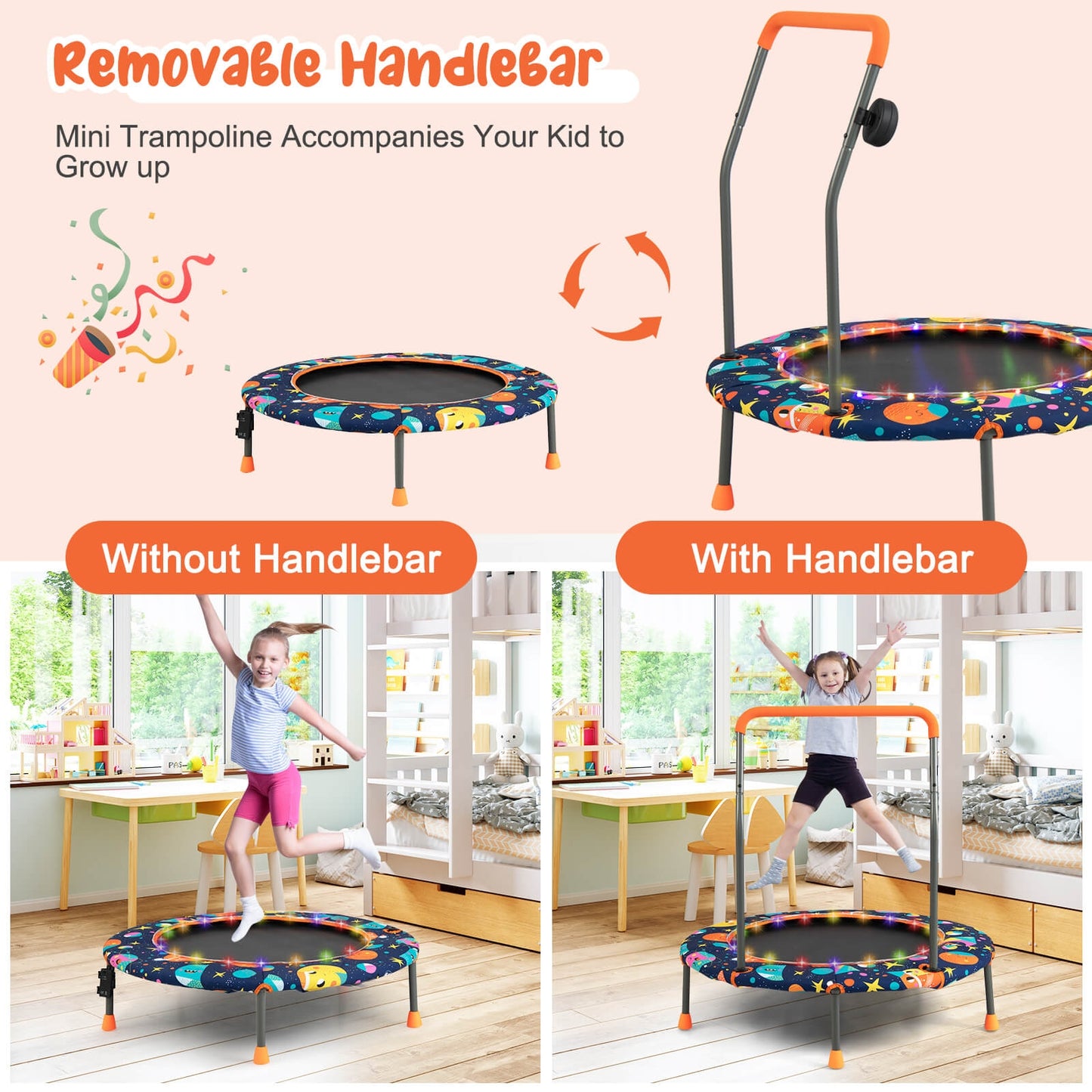 36 Inch Mini Trampoline with Colorful LED Lights and Bluetooth Speaker-Multicolor Kids Crystal