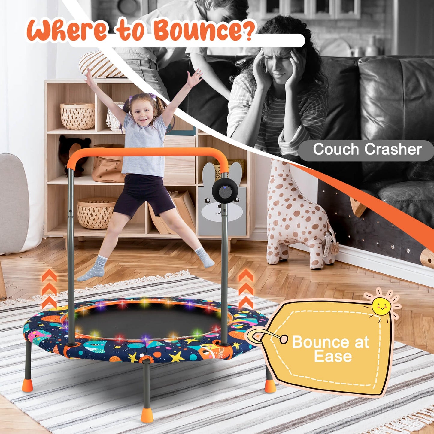 36 Inch Mini Trampoline with Colorful LED Lights and Bluetooth Speaker-Multicolor Kids Crystal