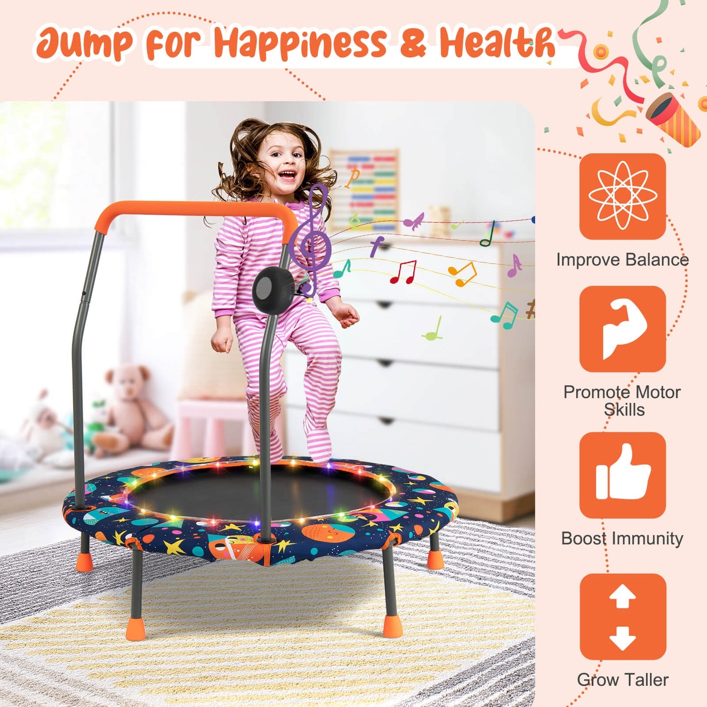 36 Inch Mini Trampoline with Colorful LED Lights and Bluetooth Speaker-Multicolor Kids Crystal