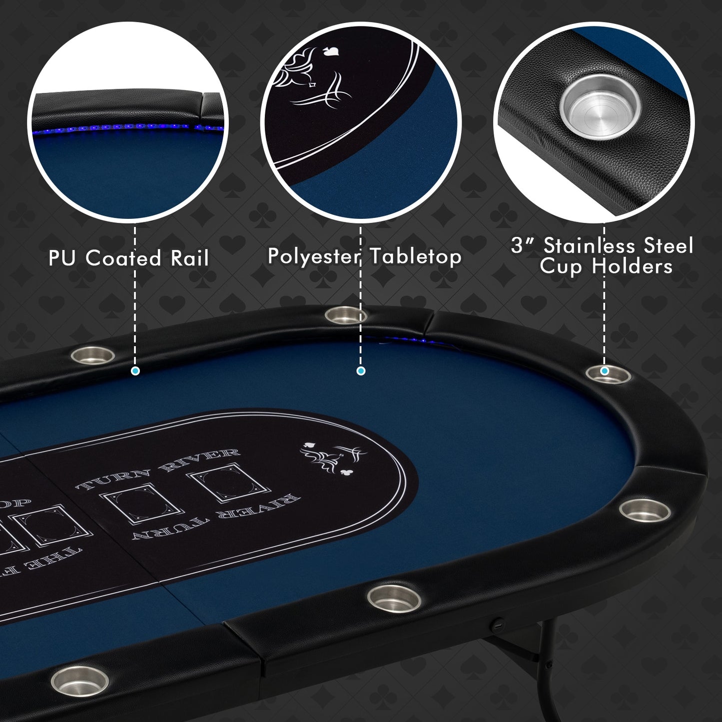 Foldable 10-Player Poker Table with LED Lights and USB Ports Ideal for Texas Casino-Blue Kids Crystal