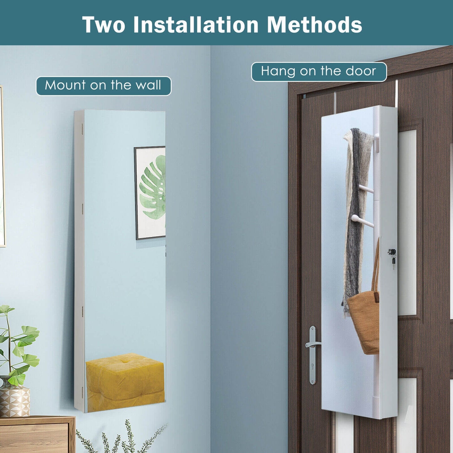 Wall Door Mounted Jewelry Armoire with Frameless LED Mirror-White Kids Crystal