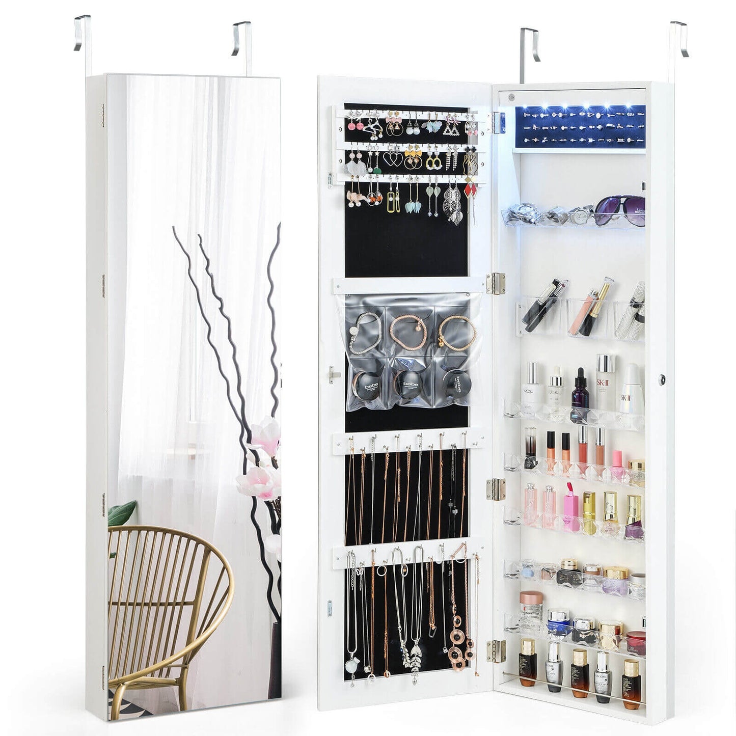 Wall Door Mounted Jewelry Armoire with Frameless LED Mirror-White Kids Crystal