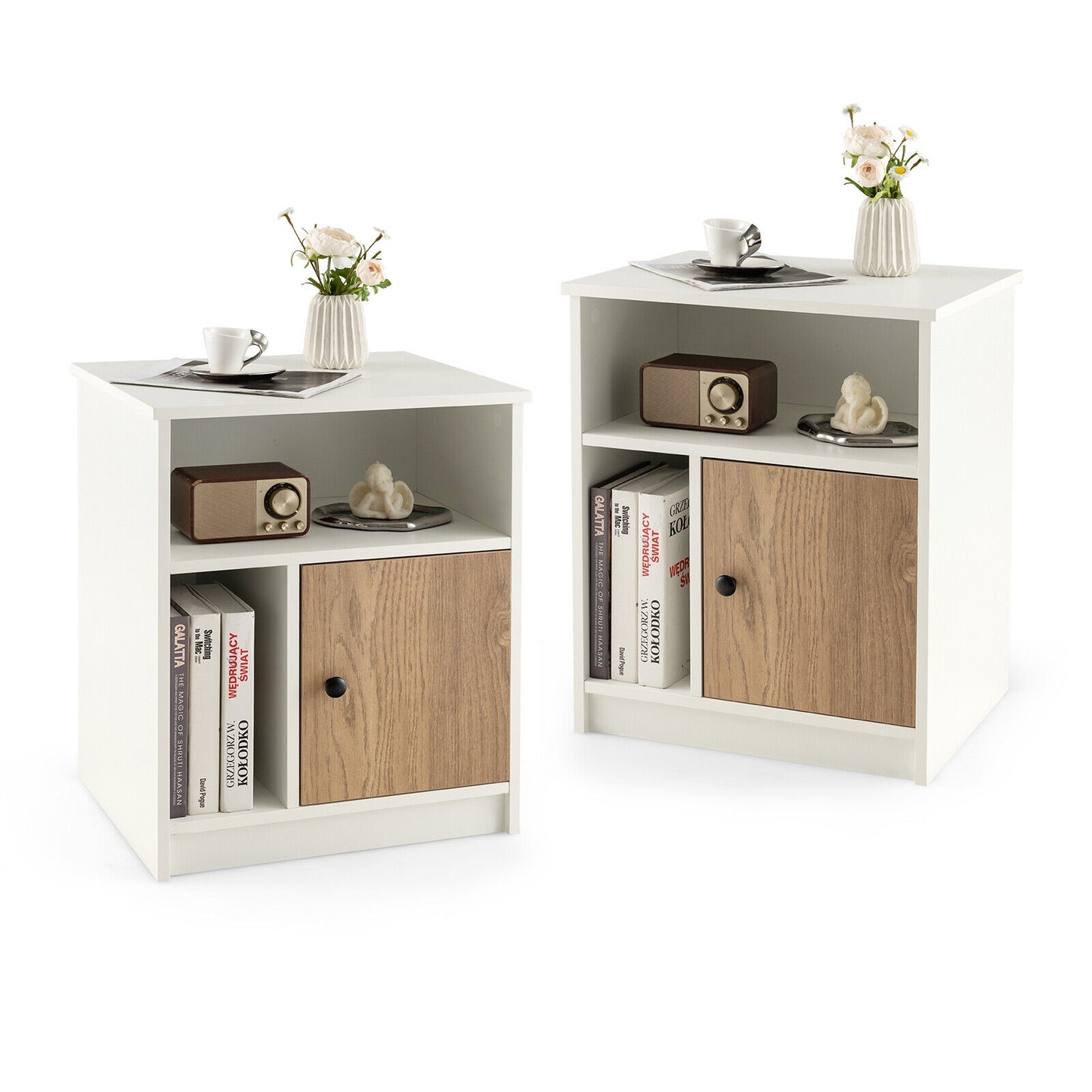 2 Pieces 25 Inch Tall Nightstands with Door and 2 Open Shelves-White Kids Crystal