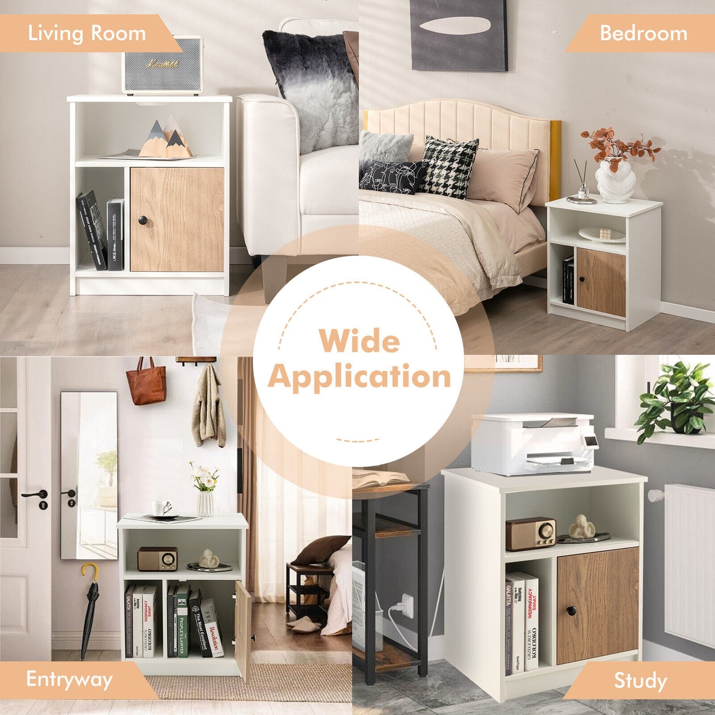 2 Pieces 25 Inch Tall Nightstands with Door and 2 Open Shelves-White Kids Crystal