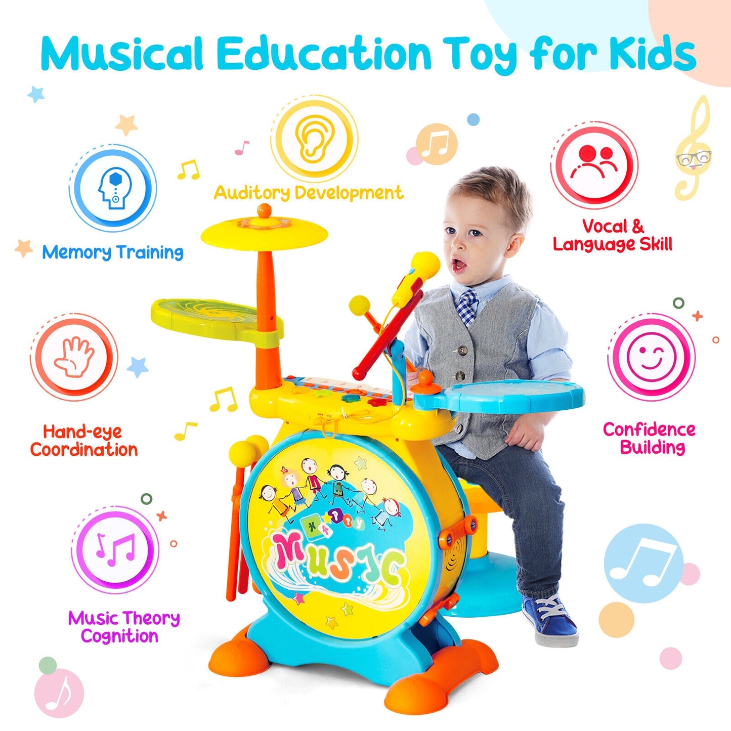 2-in-1 Kids Electronic Drum and Keyboard Set with Stool-Blue Kids Crystal