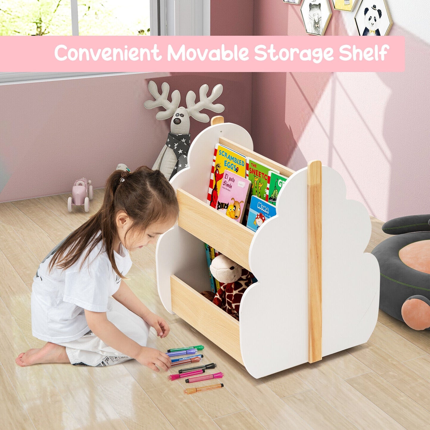 Kids Wooden Bookshelf with Universal Wheels Kids Crystal